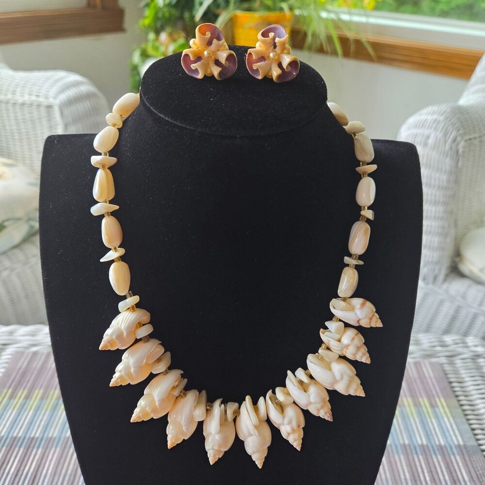 Vintage Handcrafted Seashell Necklace & Clip Earring Set - Boho Beach Jewelry